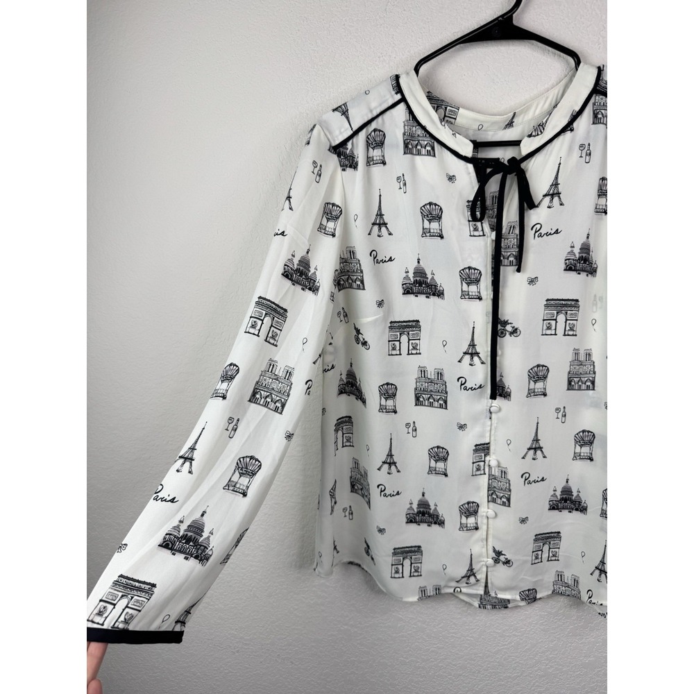 Talbots Paris Print Blouse Women's L Petite Bow Tie Career Preppy French - Picture 3 of 6